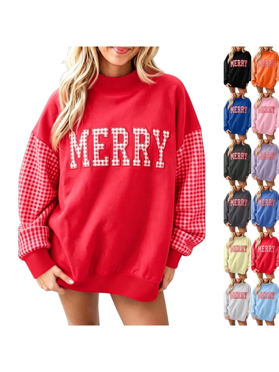 Christmas Women Gingham Plaid Letter Applique Sweatshirts Long Sleeve Boho Top Loose Fit Comfortable Pullover for Family Holiday Vacation Wear