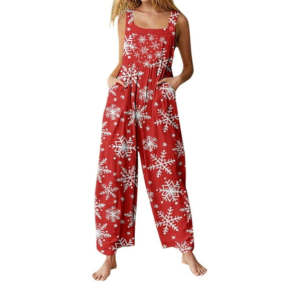 Christmas Women Loose Jumpsuit Casual Suspender Pants Snowflake Printed Wide Leg Overalls with Pockets