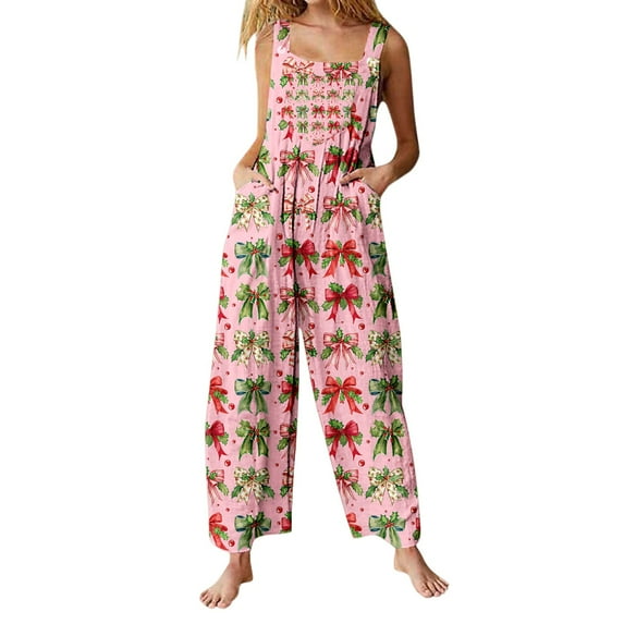 Christmas Women Loose Jumpsuit Casual Suspender Pants Snowflake Printed Wide Leg Overalls with Pockets