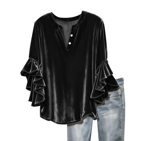 Christmas Women Velvet Ruffle Tops, V Neck Ruched Short Sleeve Blouse, Fall Trendy Formal Shirt