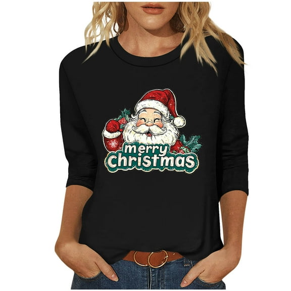 Christmas Women's 3/4 Length Sleeve Shirts Christmas Top Casual Round Neck Tunic Tops Xmas Graphic Printed Blouses Loose T-Shirts Pullover