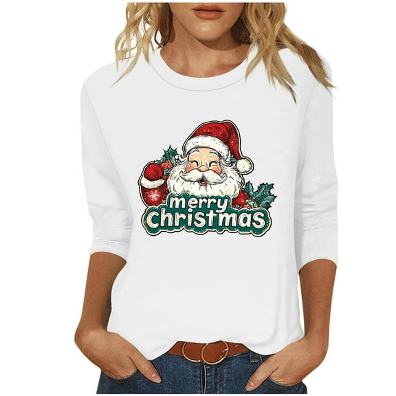 Christmas Women's 3/4 Length Sleeve Shirts Christmas Top Casual Round Neck Tunic Tops Xmas Graphic Printed Blouses Loose T-Shirts Pullover