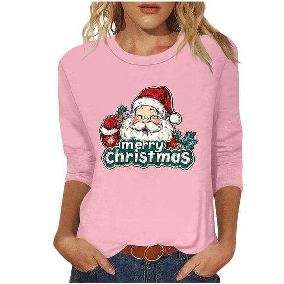 Christmas Women's 3/4 Length Sleeve Shirts Christmas Top Casual Round Neck Tunic Tops Xmas Graphic Printed Blouses Loose T-Shirts Pullover