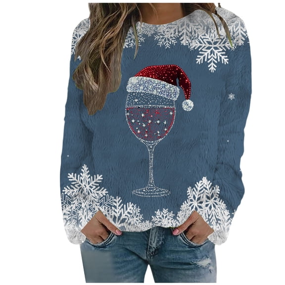Christmas Women's Casual Crew Neck Long Sleeve Sweatshirt Double Faced Velvet Print Cozy Pullover Sweater Holiday Comfort