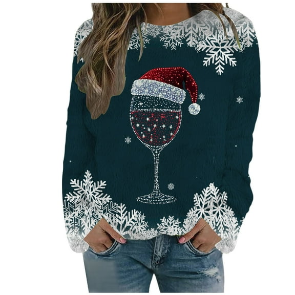 Christmas Women's Casual Crew Neck Long Sleeve Sweatshirt Double Faced Velvet Print Cozy Pullover Sweater Holiday Comfort