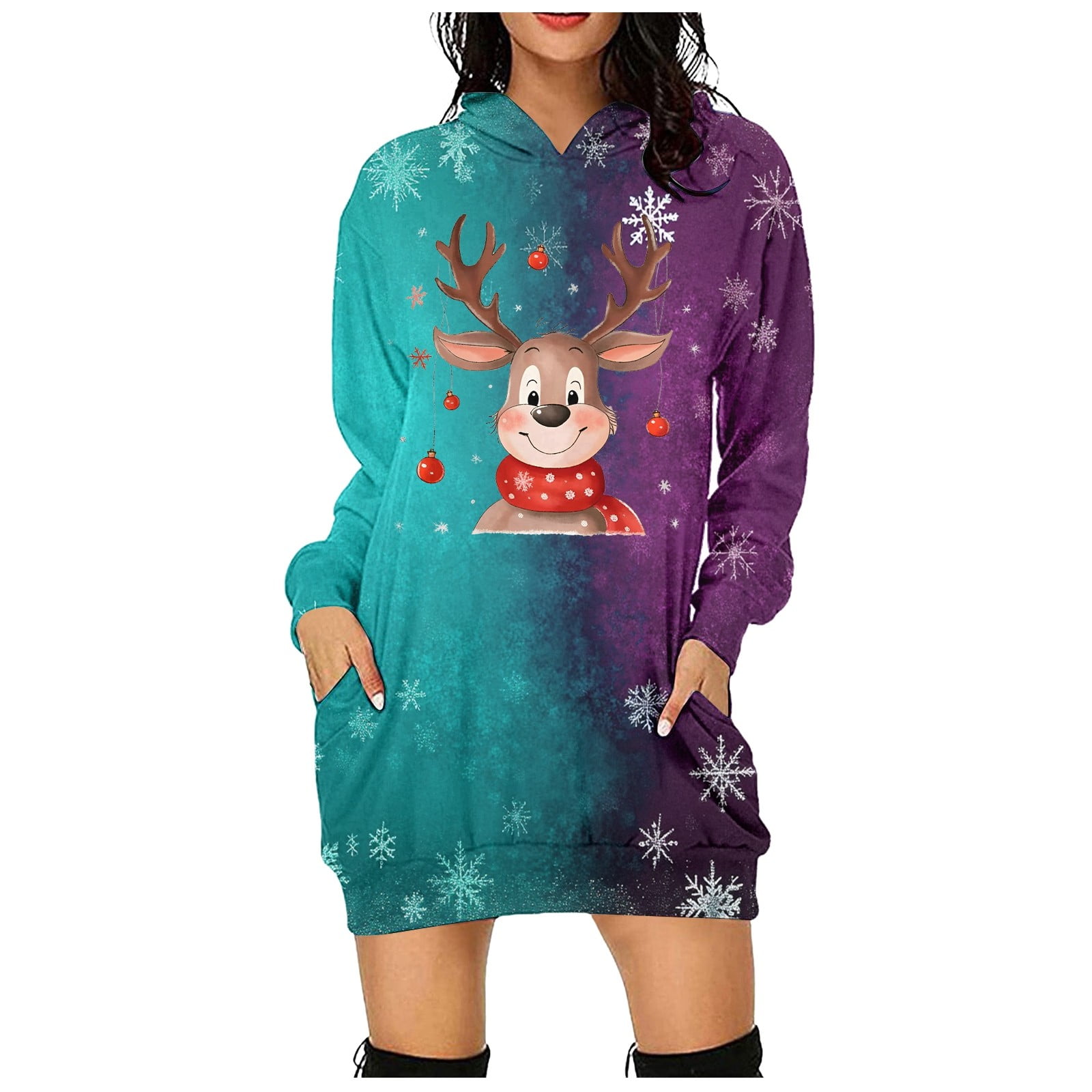 Christmas Women's Casual Long Sleeve Hoodie Dress with Snowflake Print and Pocket Stylish ...