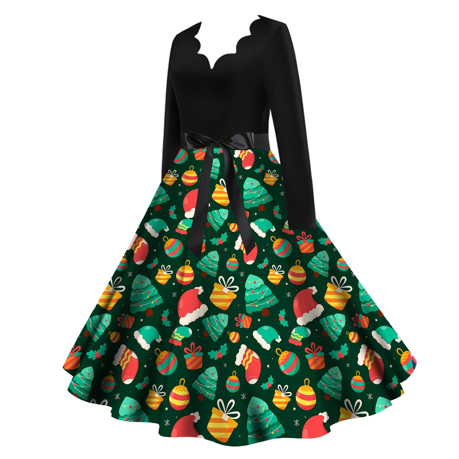 Christmas Women's Classic Tea Dress Long Sleeve V Neck Dress With Belt