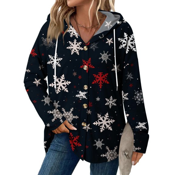 Christmas Women's Fashion Casual Raglan Long Sleeve Drawstring Jacket Vintage Button Hooded Jacket for Holiday Retro Style,Black,M