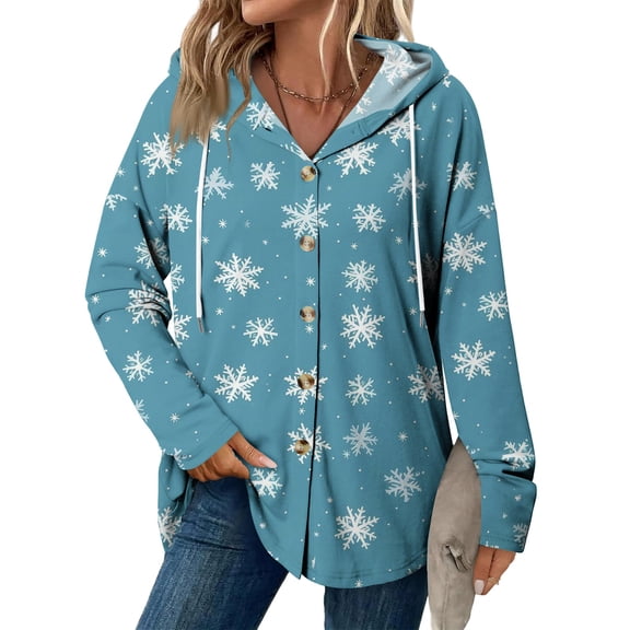 Christmas Women's Fashion Casual Raglan Long Sleeve Drawstring Jacket Vintage Button Hooded Jacket for Holiday Retro Style,Sky Blue,S