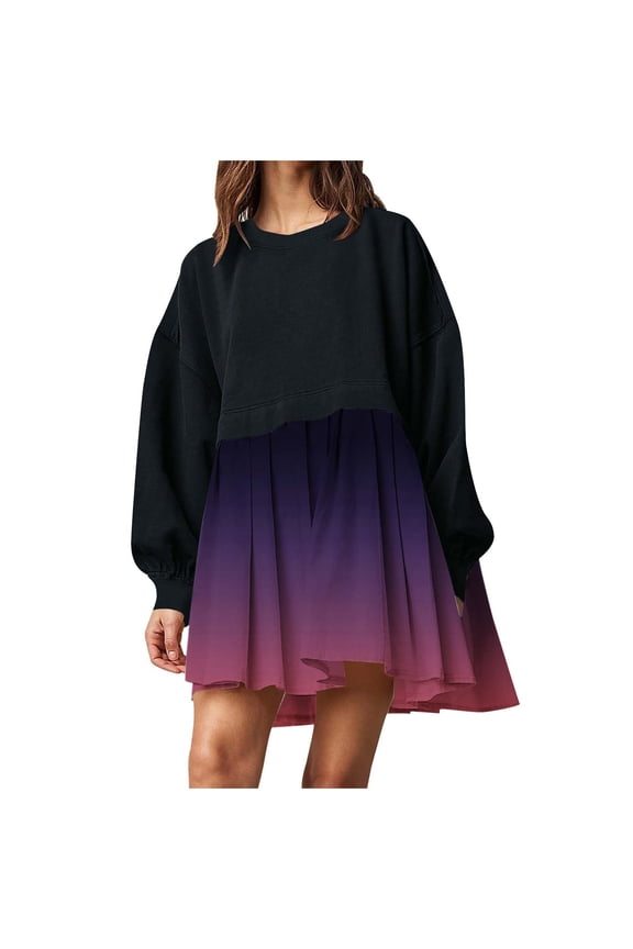 Christmas Women's Fashion Oversized Sweatshirt Dress Long Sleeve Crew Neck Patchwork Pullover Gradient Color Loose Sweatshirt Mini Casual Dress Homecoming Dresses 2024