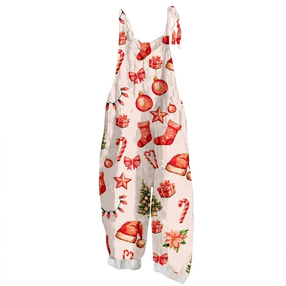 Christmas Women's Jumpsuits Plus Size Sowflake Print Sleeveless Rompers Casual Fitted Style Spaghetti Strap Wide Leg Overalls