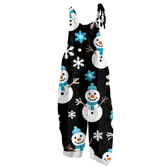 Christmas Women's Jumpsuits Plus Size Sowflake Print Sleeveless Rompers Casual Fitted Style Spaghetti Strap Wide Leg Overalls