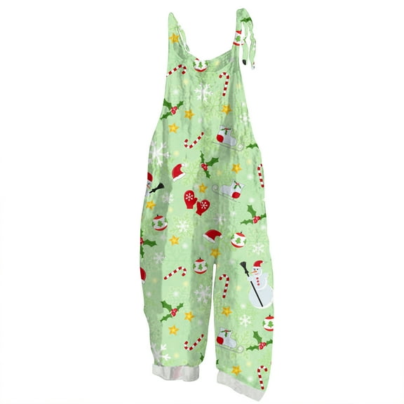 Christmas Women's Jumpsuits Plus Size Sowflake Printed Sleeveless Rompers Casual Fitted Style Spaghetti Strap Wide Leg Overalls