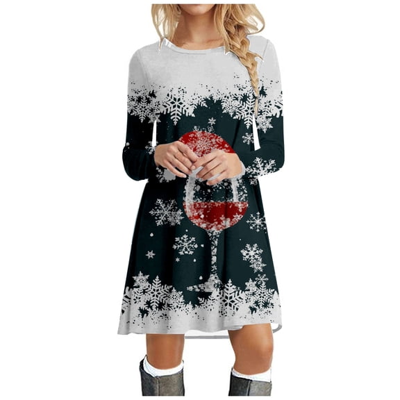 Christmas Women's Long Sleeve Soft Deer Printed Dress Fashion Party Swing Casual Comfortable Elegant