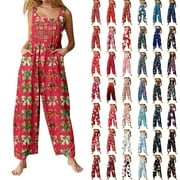 LROPLIE Christmas Women's Overalls Jumpsuits Casual Loose Straps Wide Leg Long Pant with Pockets