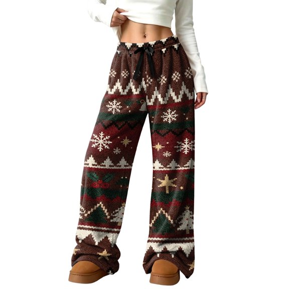 Christmas Women ’s Pajama Pants Full Length Novelty Christmas Print Pjs Pants Drawstring Casual Lounge Bottoms Sleepwear Xmas Sleep Lounge Pants with Pockets