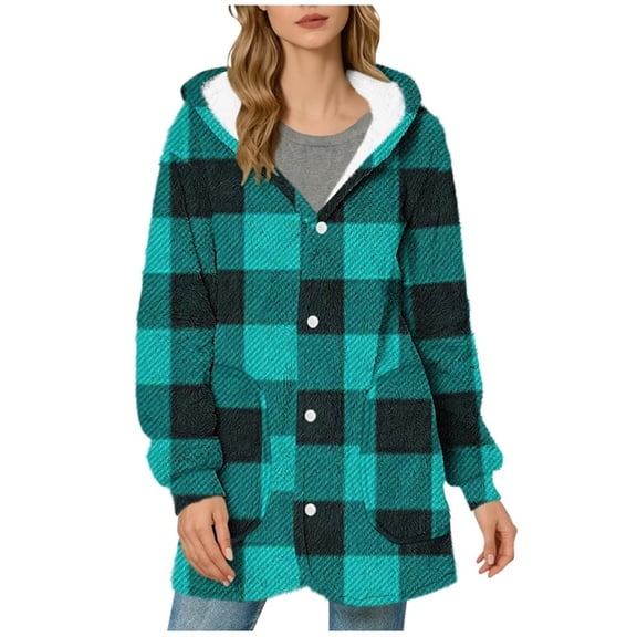 Christmas Women's Plaid Printed Fleece Thick Coats, Button-Down Hooded Sweater with Pockets, Fall Causual Outfits