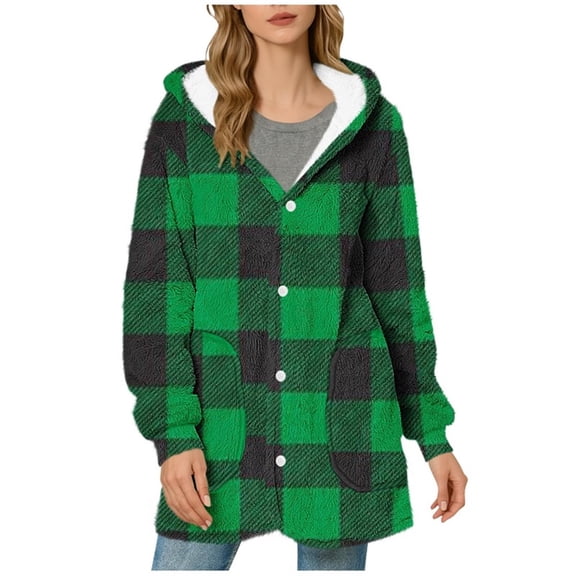 Christmas Women's Plaid Printed Fleece Thick Coats, Button-Down Hooded Sweater with Pockets, Fall Causual Outfits