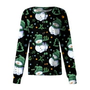 DIFDANY Christmas Women's Scrub Jackets Long Sleeve Santa Tree Print Crew Neck Button Down with Pockets Medical Scrub Tops Black M