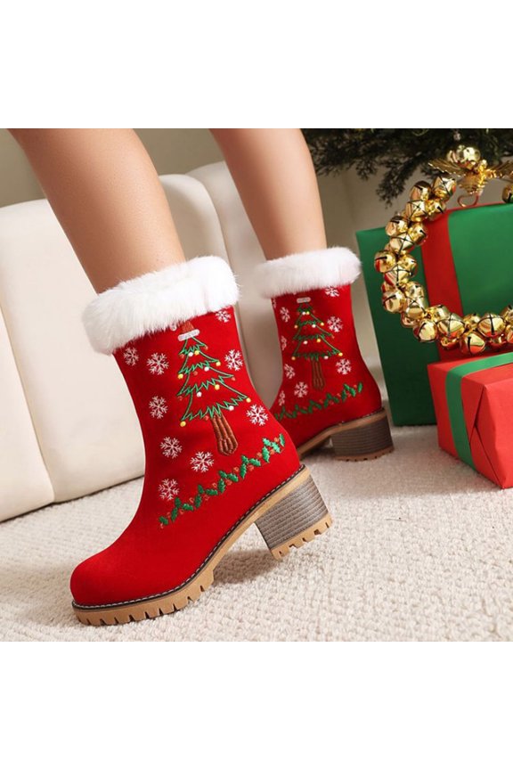 Christmas Women's Shoes Embroidered And Winter Warm Cotton Boots Woolen Boots Thick Heels Short Boots