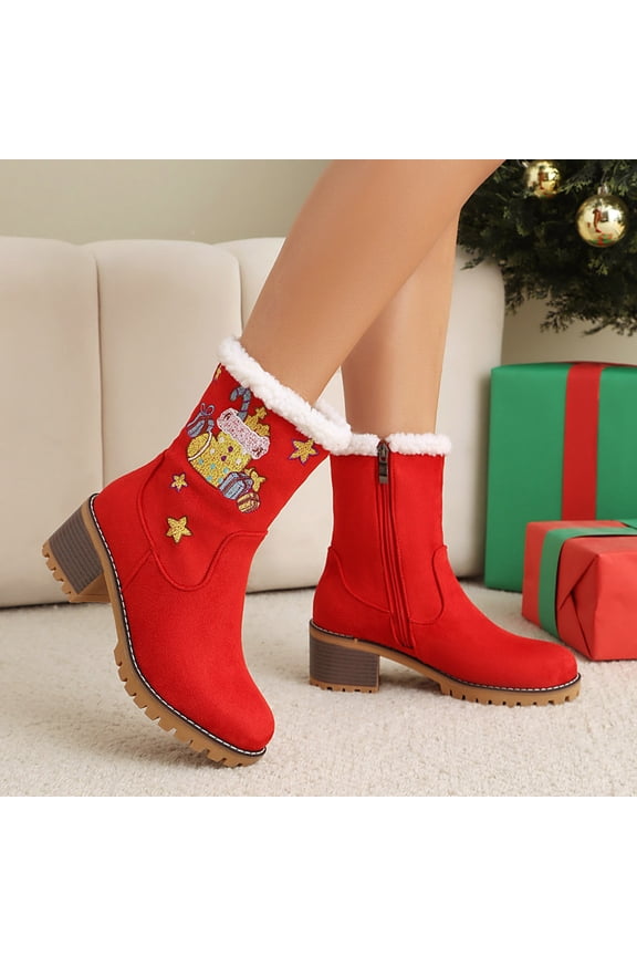 Christmas Women's Shoes Embroidered And Winter Warm Cotton Boots Woolen Boots Thick Heels Short Boots
