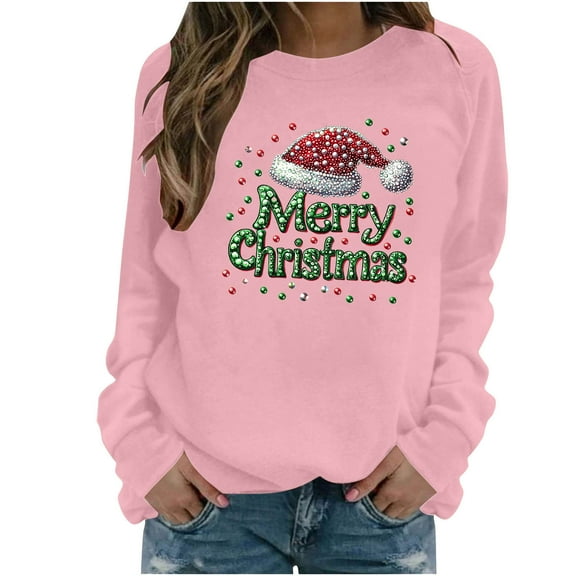 Christmas Women's Sweatshirts Casual Xmas Graphic Tops Crewneck Sweatshirt Trendy Long Sleeve Holiday Christmas Printed Blouses Pullover