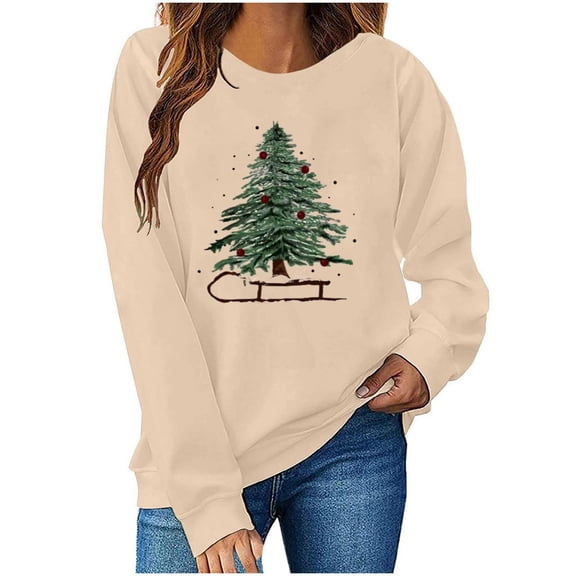 Christmas Women's Sweatshirts Holiday Merry Pullover Long Sleeves Crewneck Shirts Fashion Christmas Tree Printed Blouses Casual Loose Christmas Sweatshirt