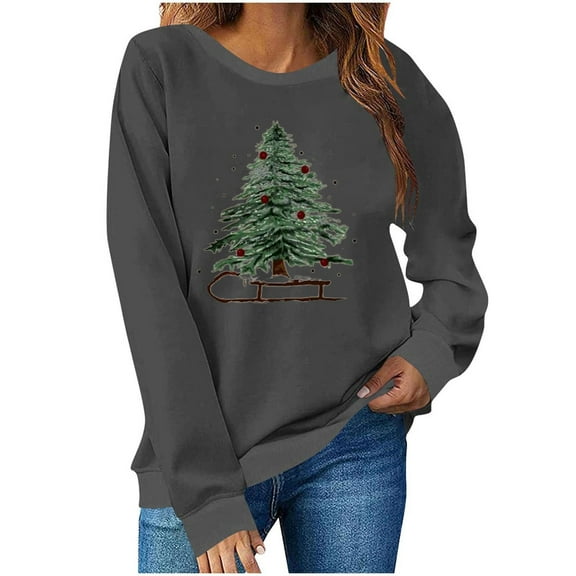 Christmas Women's Sweatshirts Holiday Merry Pullover Long Sleeves Crewneck Shirts Fashion Christmas Tree Printed Blouses Casual Loose Christmas Sweatshirt