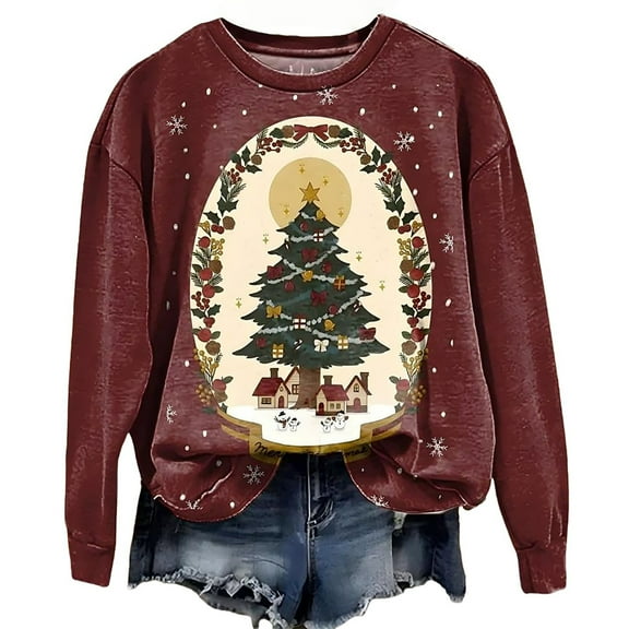 Christmas Women's Sweatshirts Merry Xmas Graphic Printed Sweaters Long Sleeve Crew Neck Blouses Casual Funny Holiday Shirts Pullover Top