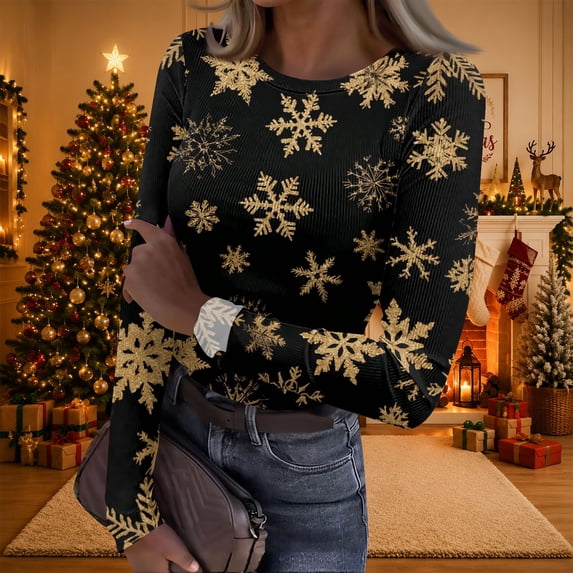 Christmas Women's Tops, Tees & Blouses Long Sleeve Ribbed Slim Fit Funny Xmas Snowflake Print Underwear Tops Trendy Basic Holiday Casual Round Neck T-Shirts