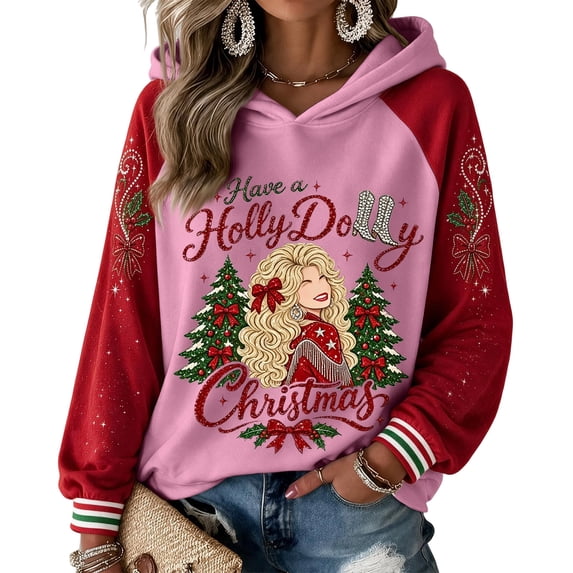 Christmas Women's Vintage Dolly Hoodies Graphic Long Sleeve Hooded Sweatshirt Country Music Legend T-Shirt,(S)