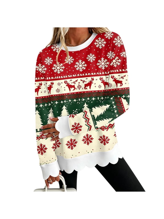 Christmas Womens Fall Tops Long Sleeve Tops for Women Novelty Christmas Graphic Casual Tshirts Oversized Lightweight Pullover Sweaters