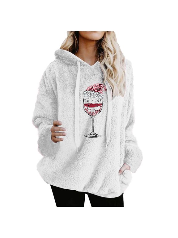 Christmas Womens Fuzzy Hoodies Oversized Sherpa Pullover Hoodie with Pockets Fluffy Fleece Sweatshirt Outwear, L White