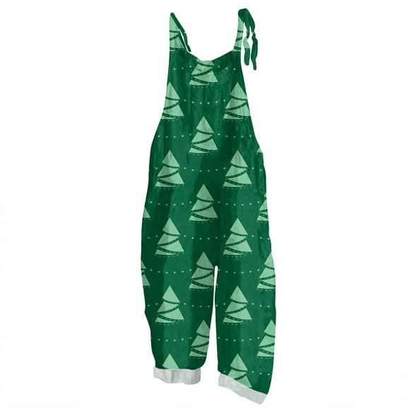 Christmas Womens Jumpsuits Cotton Linen Xmas Tree Graphic Christmas Jumpers Spaghetti Strap Wide Leg Casual Fitted Romper Overalls