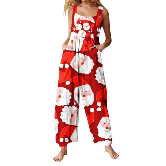 Christmas Womens Jumpsuits Snowflake Printed Rompers Spaghetti Strap Jumpsuits Santa Outfits Loose Overalls with Pocket