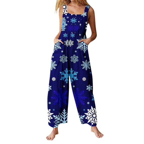 Christmas Womens Jumpsuits Snowflake Printed Rompers Spaghetti Strap Jumpsuits Santa Outfits Loose Overalls with Pocket