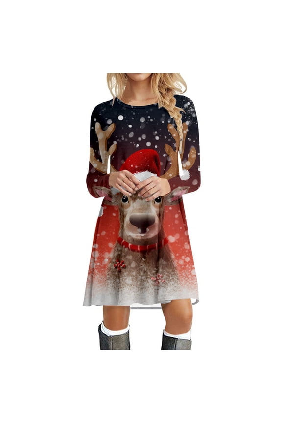 Christmas Womens Long Sleeve Crew Neck Deer Printed Soft Dress Fashion Party Swing Dress