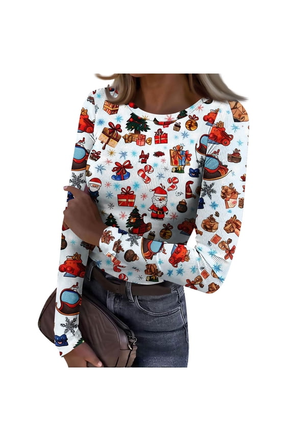 Christmas Womens Long Sleeve Stretch Ribbed T-Shirt Christmas Print Casual Blouses Slim Fit Graphic Holiday Tee Tops