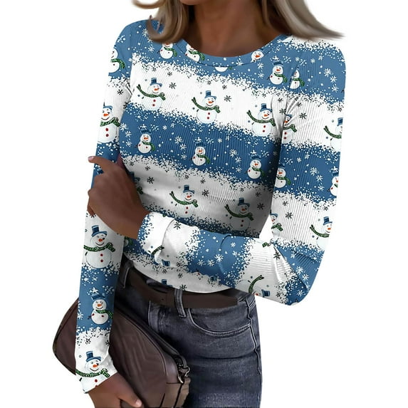 Christmas Womens Long Sleeve Stretch Ribbed T-Shirt Christmas Print Casual Blouses Slim Fit Graphic Holiday Tee Tops