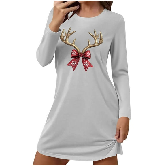 Christmas Womens Nightgown Cute Elk Sleepwear Crew Neck Long Sleeve Lounge Dress Home Apparel Festive Pajamas Cozy Sleep Shirt Soft Nightwear for Women Holiday