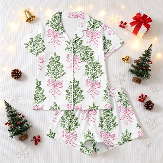 Christmas Womens Pajamas Set 2 Piece Short Sleeve Xmas Funny Graphic Tops Shorts Set Button Down Soft Comfy 2 Piece Loungewear Sets Pjs Gifts for Mom Wife Girlfriend Her