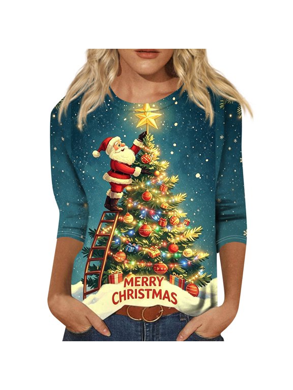 Christmas Womens Shirts Comfortable 3/4 Sleeve Tee Crew Neck Christmas Element Print Blouse for Casual Office Work Summer Beach Vacation Party Date Home Tops, Dark Blue_#90, M
