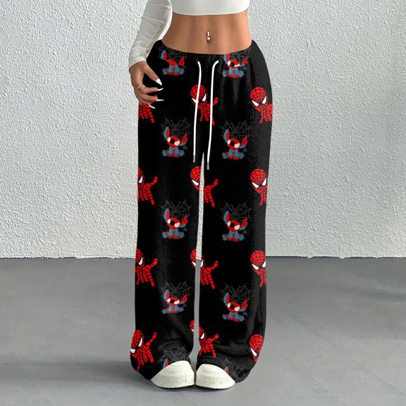 Christmas Womens Superhero Flannel Lounge Pants with Elastic Waist Drawstring Lounge Bottoms, Loose Straight Leg Sleepwear for Winter Warm Trousers