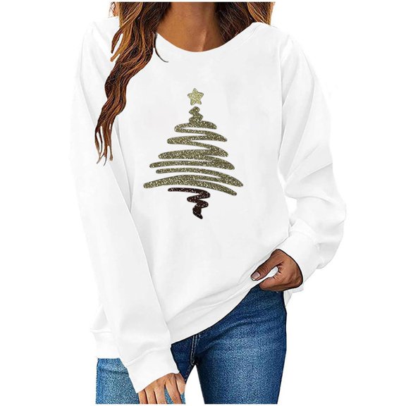 Christmas Womens Sweatshirts Holiday Merry Pullover Long Sleeves Crewneck Shirts Fashion Christmas Tree Printed Blouses Casual Loose Christmas Sweatshirt