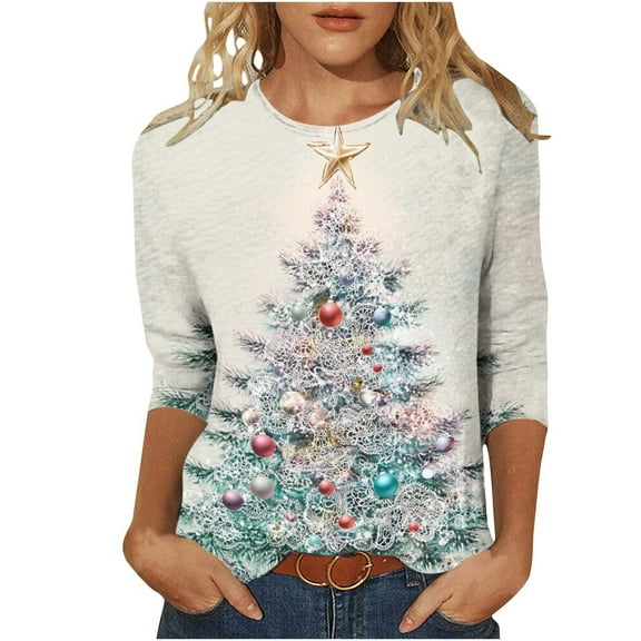 Christmas Womens Tops 3/4 Sleeve Shirts Crew Neck Loose Casual Cute Print T shirts 2025 Christmas Clothes