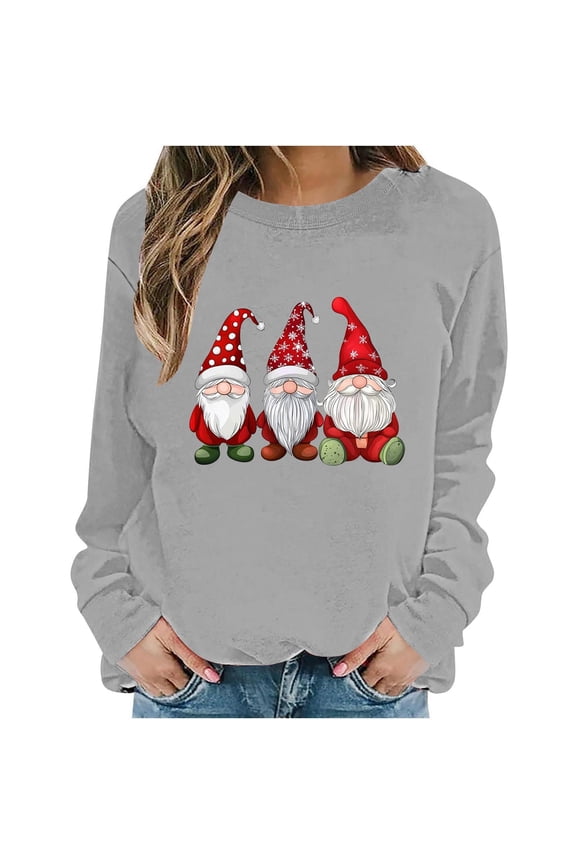 Christmas Womens Tops Gnome Print Shirt Costume Casual Round Neck Sweatshirt Pullover Xmas Long Sleeve Shirts Holiday Tops for Women