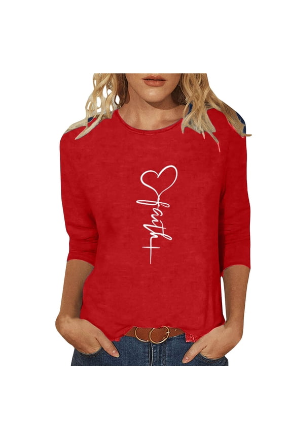 Christmas Womens Tops Jesus Cross Printed Tee Casual Christian Religious Shirts 3/4 Sleeve Xmas Holiday Blouses