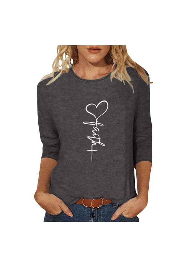 Christmas Womens Tops Jesus Cross Printed Tee Casual Christian Religious Shirts 3/4 Sleeve Xmas Holiday Blouses