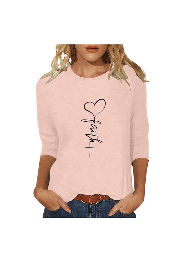 Christmas Womens Tops Jesus Cross Printed Tee Casual Christian Religious Shirts 3/4 Sleeve Xmas Holiday Blouses