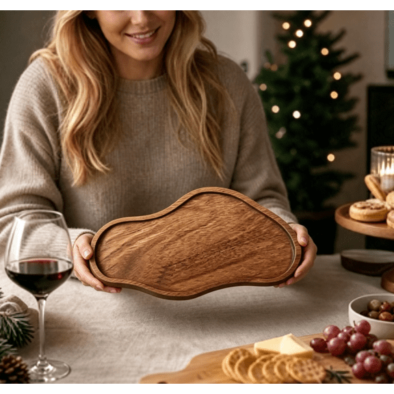 Christmas Wood Charcuterie Board Set, 1Pack Wooden Serving Trays with Raised Lip, Holiday Cheese Platter for Fruit Snack, Xmas Table Decor Gift,B